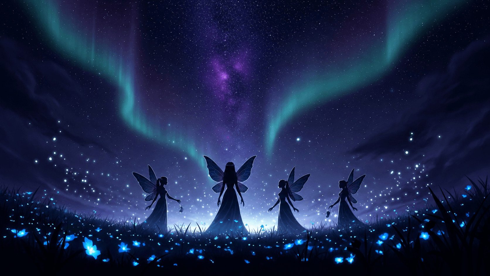 Four fairy sisters standing beneath a night sky above Evaland